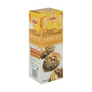 BORGGREVE MANDEL SPRITZ BISC. MANTEIGA C/COB. CHOC. PEDAÇOS AMÊNDOA 300GRS